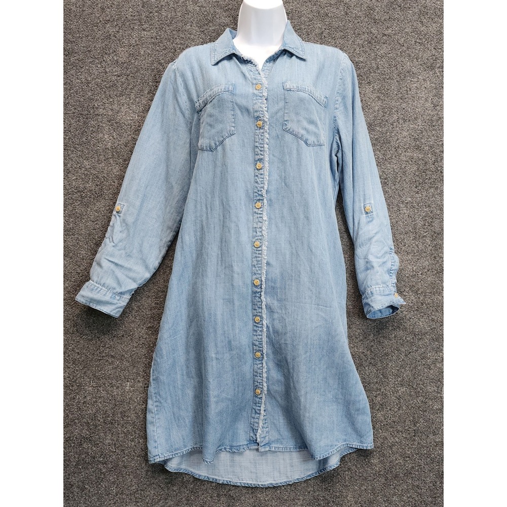 Chico's Womens Tencel Lyocell Chambray Roll Tab Shirt Dress Frayed Trim Size 0.5